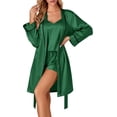thumbnail image 1 of Women's 3pcs Satin Pajamas Set Cami Top and Shorts Sleepwear PJs Set with Robe,Dark Green, 1 of 5