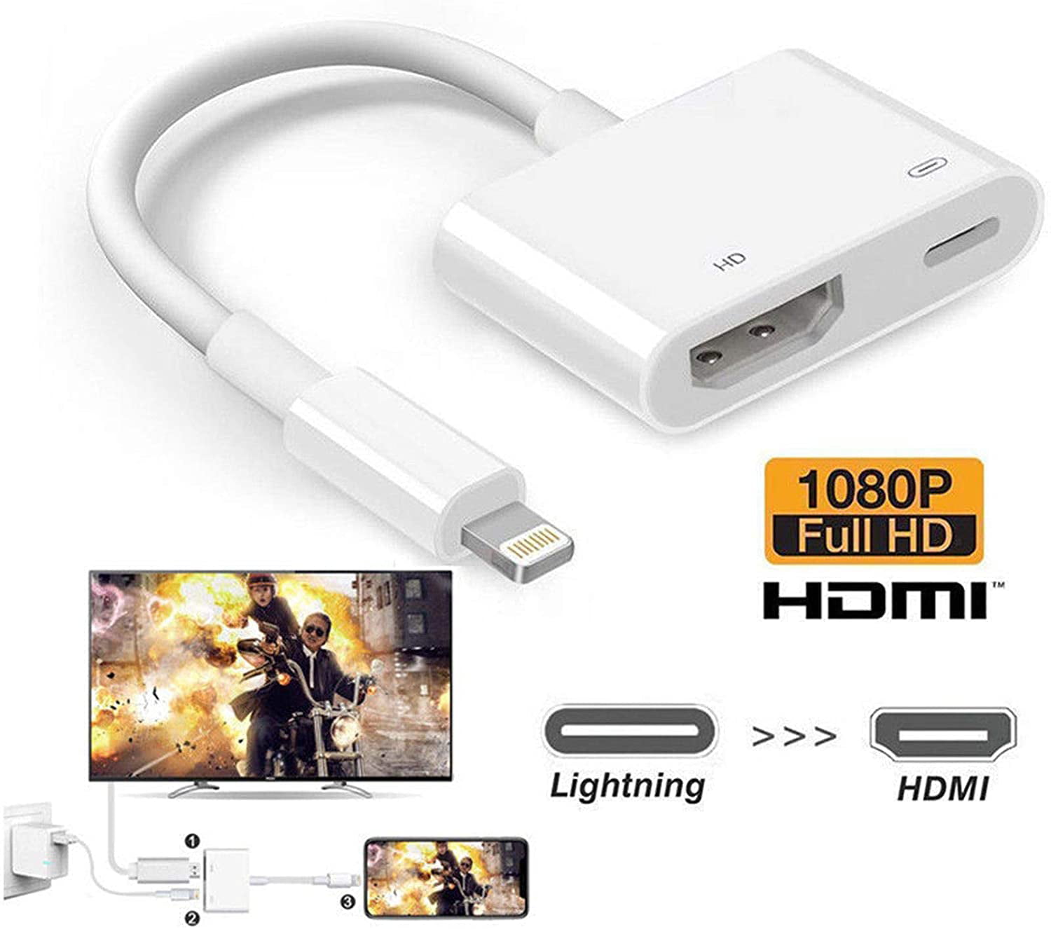 1080P HDMI Sync Screen Connector with Charging for iPhone 11 Pro X Xs Max Xr 7 8 Plus iPad on HDTV/Monitor/Projector Lightning to HDMI Digital Audio AV Adapter Support iOS 13 Apple MFi Certified