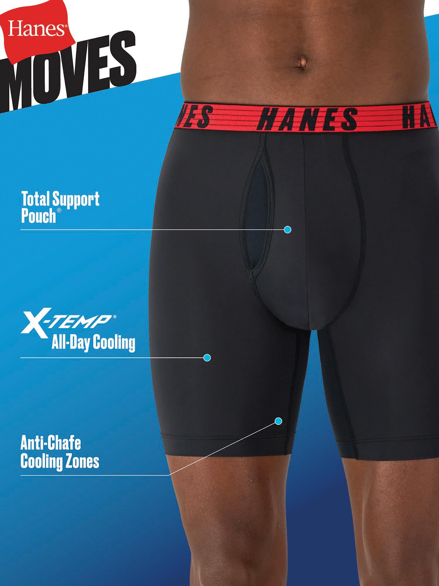 Hanes Moves Men's Anti-Chafe Long Leg Boxer Brief, Total Support Pouch, 3-Pack, 8" Inseam