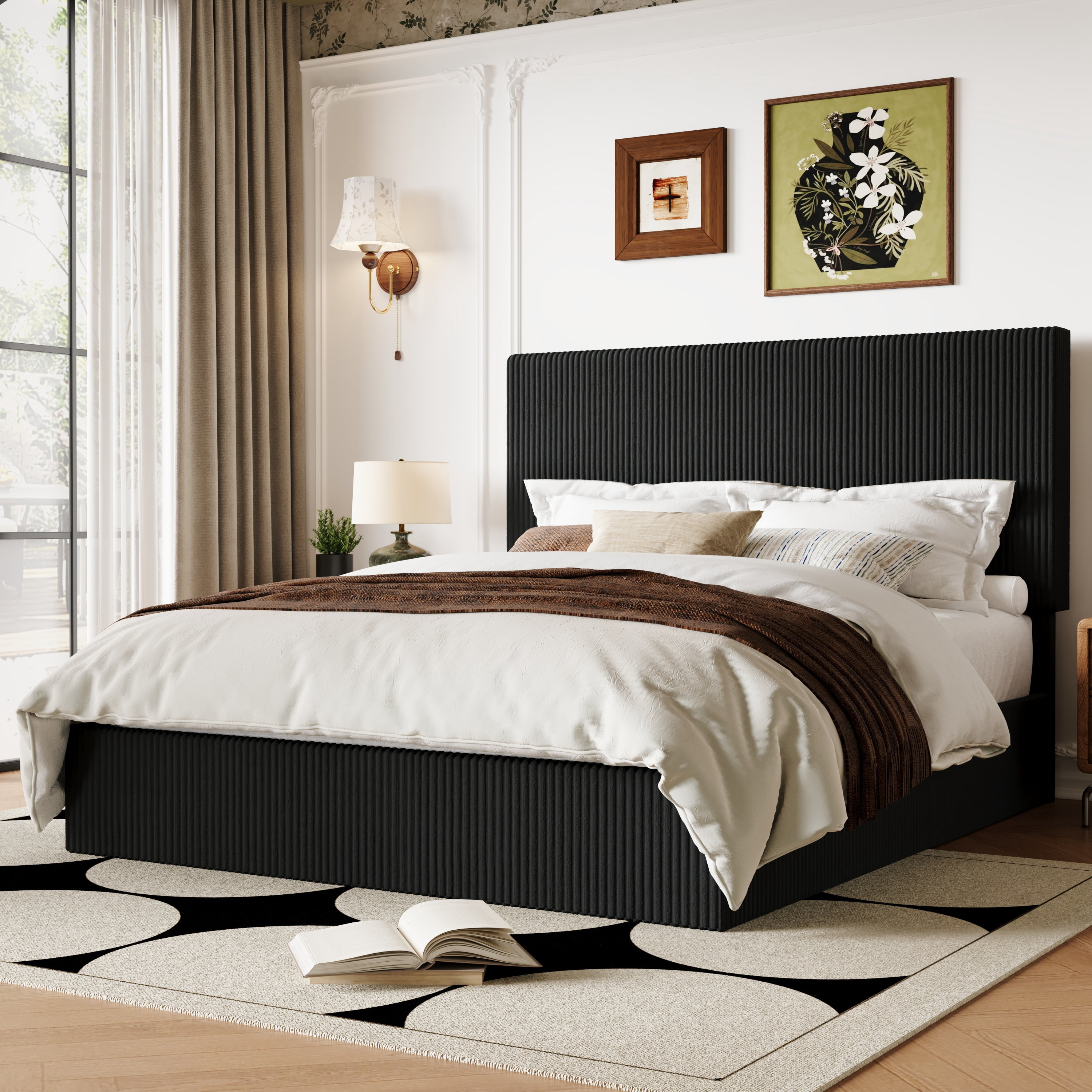 Allewie Full Bed Frame, Upholstered Platform Bed, Adjustable Vertical Channel Tufted Headboard, Corduroy Fabric, Modern Low Profile, Wooden Slats, No Box Spring Needed, Easy Assembly, Black