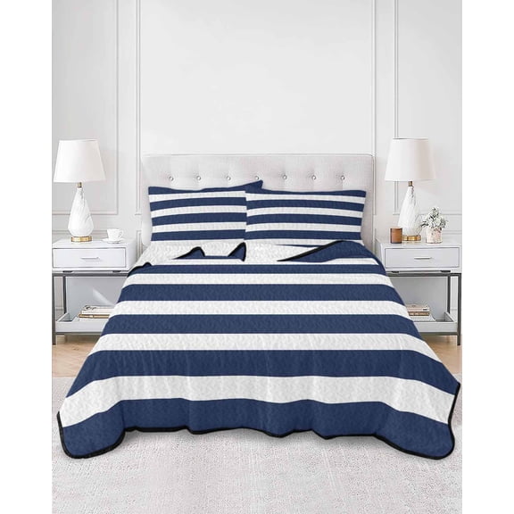 Quilts Full Size, Navy Blue Stripe Soft Comforter Bedding Set for Bed, Modern Simple Geometric White Striped Lightweight Quilted Bedspread with Pillow Cover(2 Pieces) for All Season, 78x90 Inch