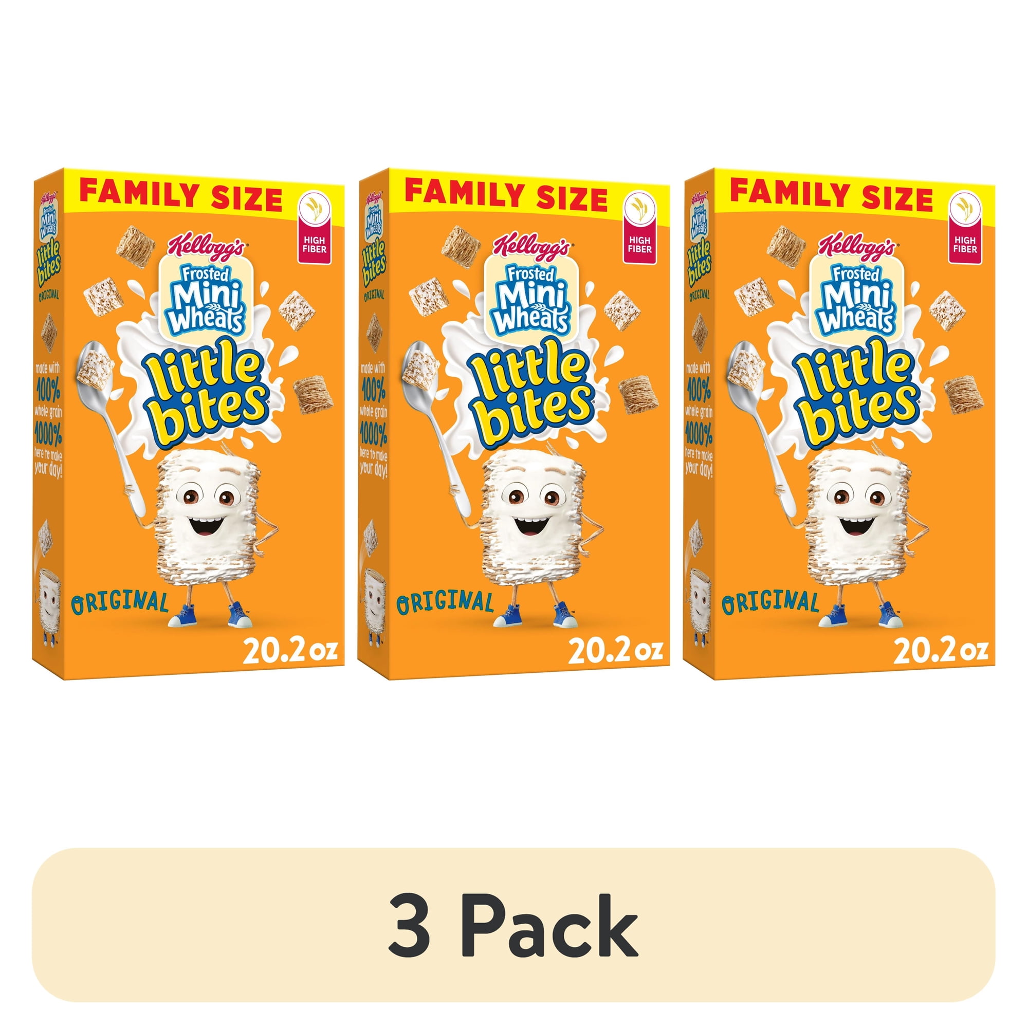 (3 pack) Kellogg's Frosted Mini-Wheats Little Bites Original Breakfast Cereal, Kids Cereal, Family Size, 20.2 oz