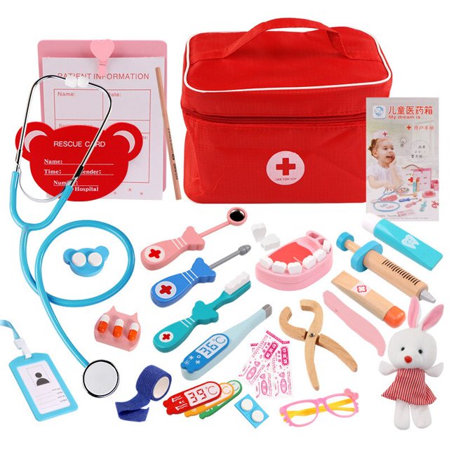 wooden toy simulation cloth bag medicine box baby boy and girl play house doctor injection toy gift heqiyong LED