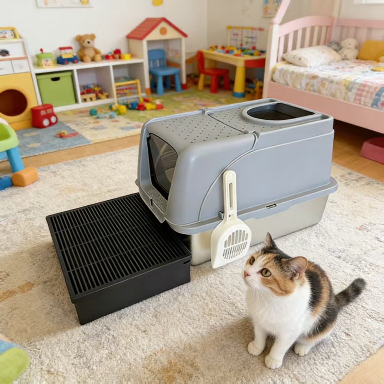 Large Enclosed Cat Litter Box with Integrated Tracking Mat, Dual Entry Hooded Cat Potty with Scoop, High Side Anti-Splashing Litter House for Odor Control, Gray