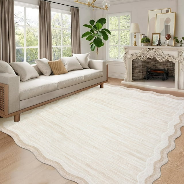 Garvee 8'x10' Scalloped Area Rugs, Washable Rugs Modern Abstract Irregular Rug Carpet, Non-Slip Low Pile Distressed Indoor Rugs for Living Room Bedroom Dining Room, Beige