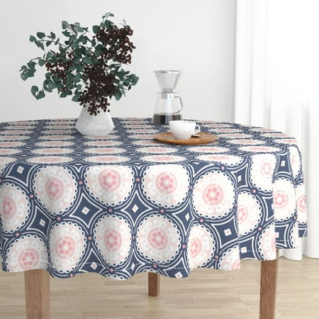 - Round Tablecloth Navy And Pink Navy And Pink Medallion Circle Cotton Sateen