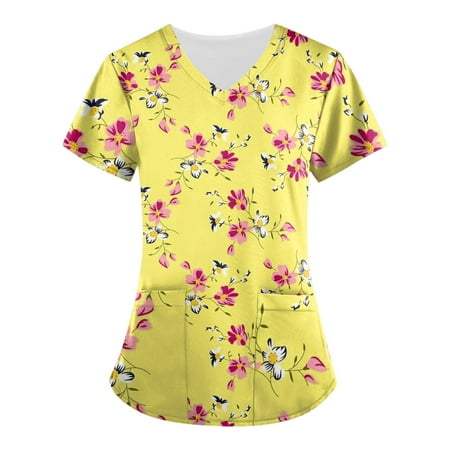 

EKOUSN Stretchy Print Scrubs Tops for Women Short Sleeve T-Shirts V Neck Nurse Uniforms with Two Big Pockets