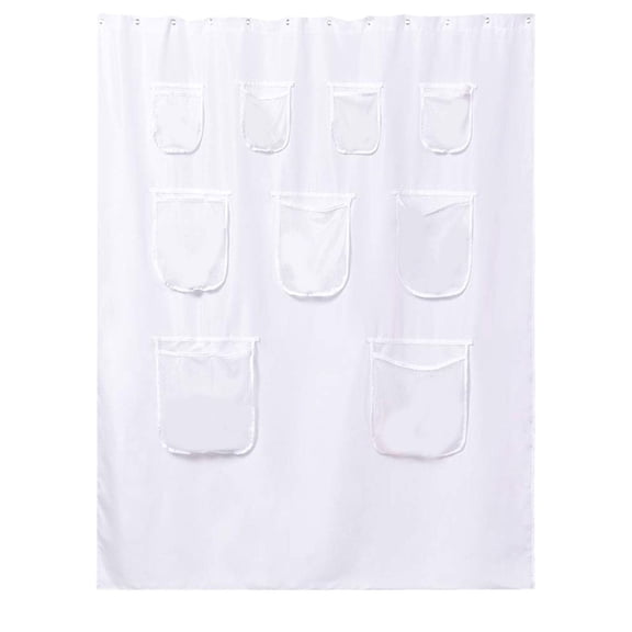 Extra Long Fabric Shower Curtain with Mesh Pockets, Water Resistant Bathroom Curtain Liner Organizer for Storage of Toiletries And Bath Toys, Machine Washable And Odorless Harlik