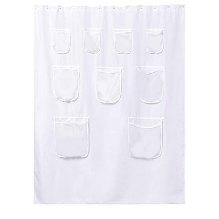 BKBP Extra Long Fabric Shower Curtain with 9 Mesh Pockets, 71x84 Inch Waterproof & Odorless Liner, Washable & Durable, Perfect for Bathroom Organization & Decor