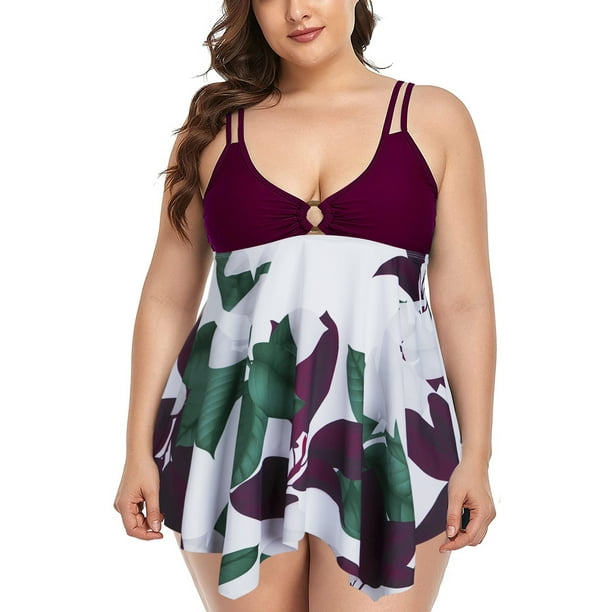 Plus Size Two Piece Swim Dress with Boyshorts for Women Tankini