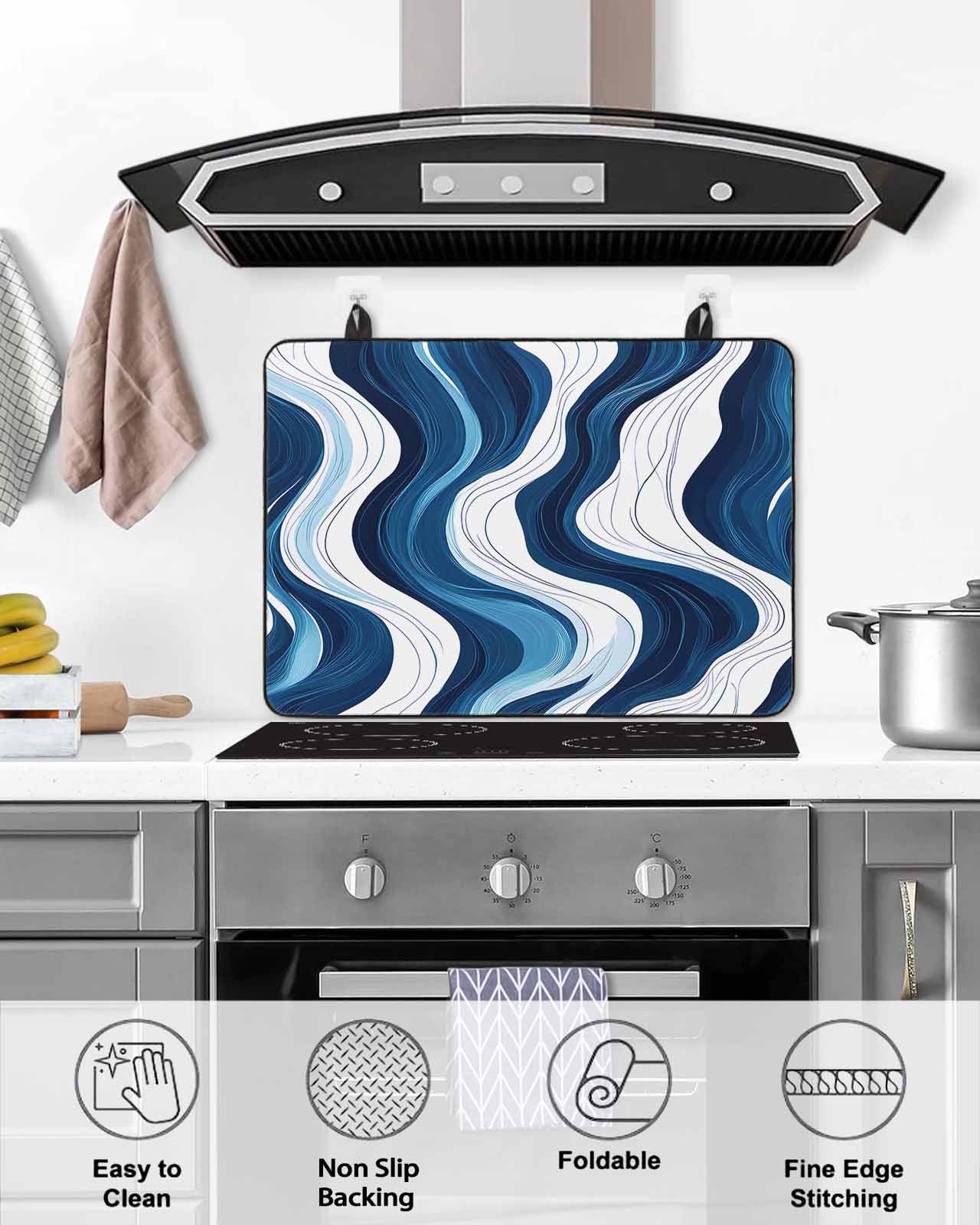 nqOlkjepod Large Induction Cooktop Protector Mat 24"x21", Blue Stripe Stove Top Covers for Electric Stove, Geometric White Coastal Wave Modern Ocean Stove Burner Cover Mats, Glass Top Stove Cover