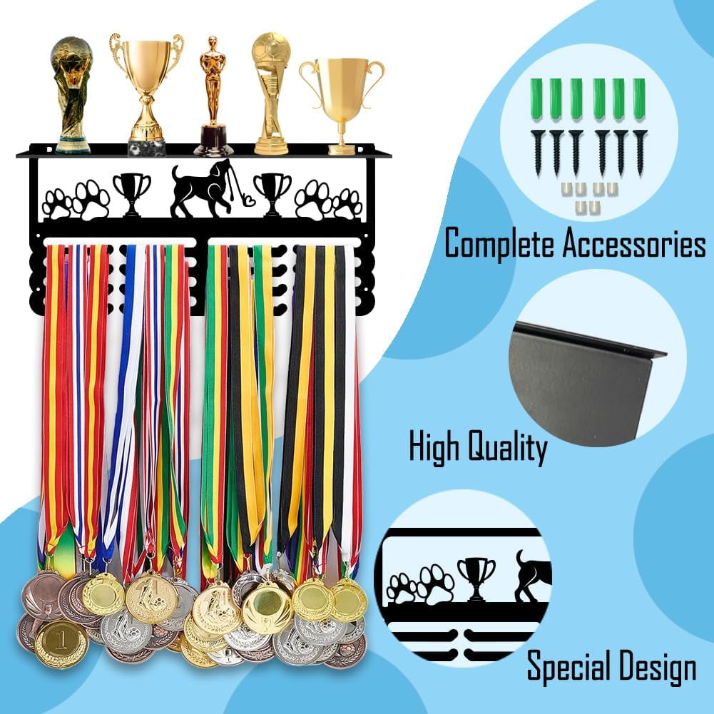 PH Dog Medal Holder Trophy Shelf Organizer Medal Hanging Display Rack Dog Competition Metal Medal Display Personalized Wall Mount Tiered Award Rack Gift for Pet 15.8x7.8inch Colorful