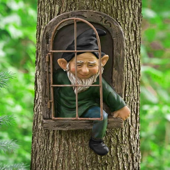 Aminojy Whimsical Elf Tree Hugger Statue, Funny Garden Elf Peeker - 6" Outdoor Garden Decor with Keyhole Hanger, Weatherproof Resin Sculpture for Yard, Porch & Christmas Display