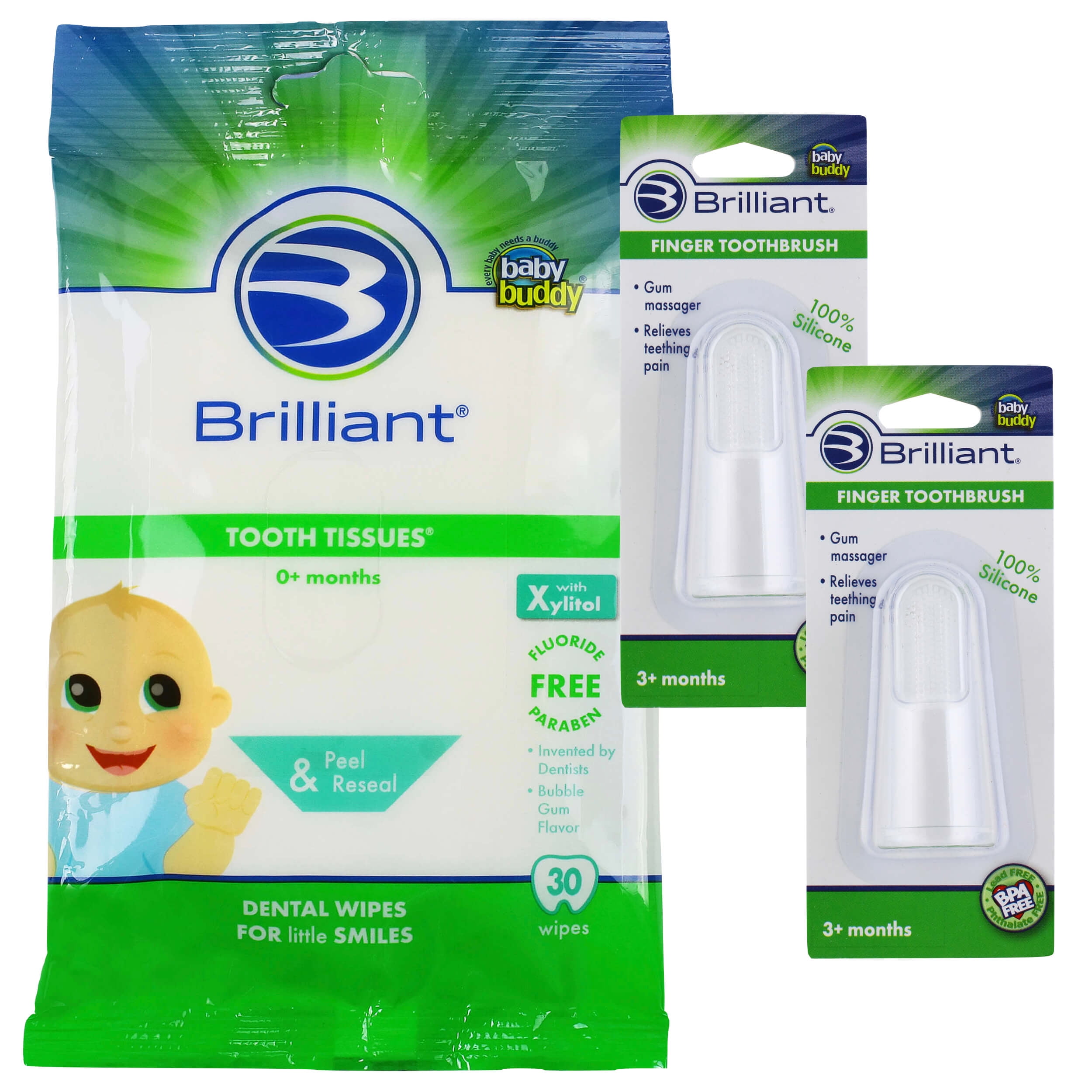 Brilliant Bundle with Tooth Tissues Wipes Bubblegum Flavor 30 Count with Silicone Finger Toothbrush, Clear, 2 Count