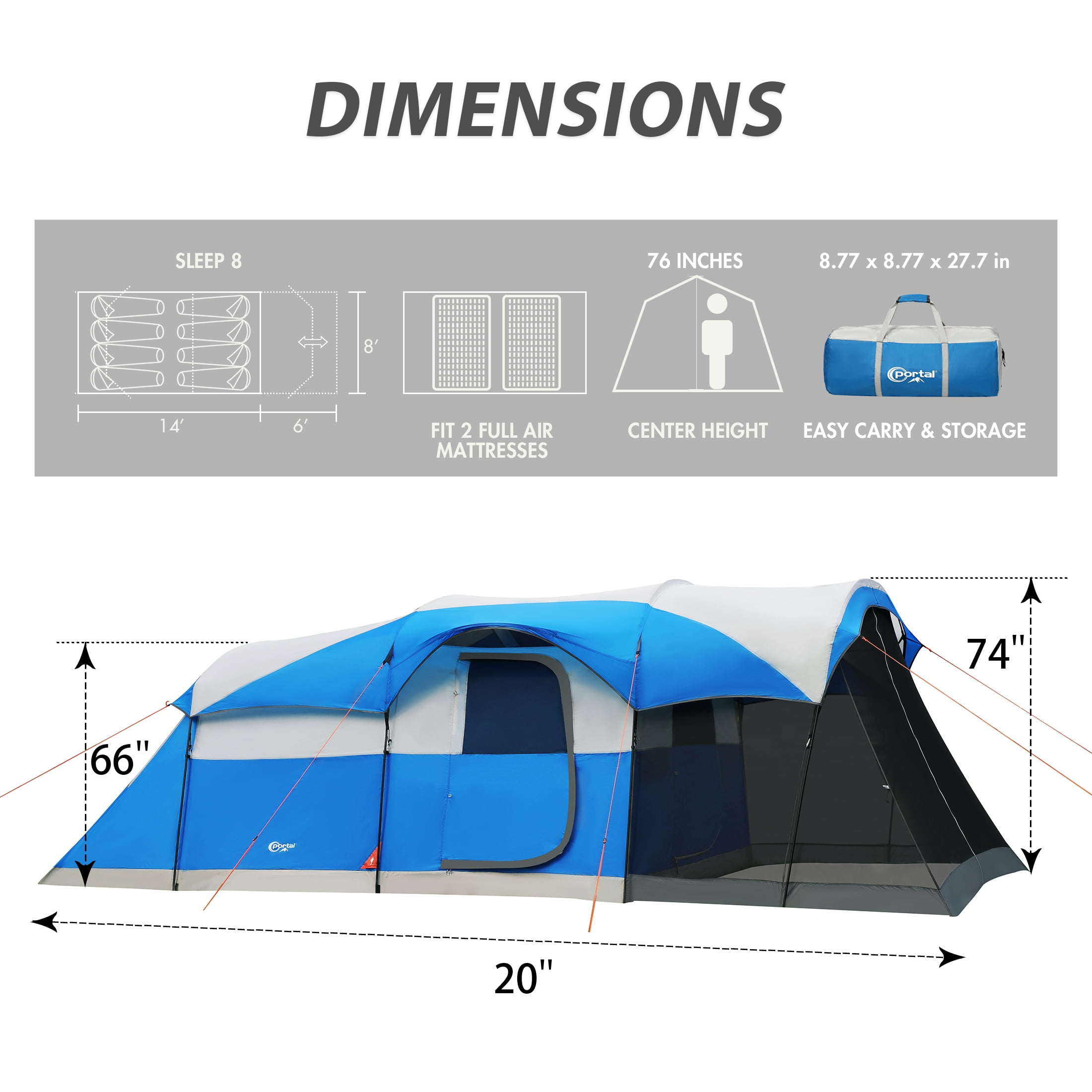 PORTAL 8 Person Camping Tent, Portable Cabin Tent for Family with Rainfly and Screen Porch, 20ft * 8ft * 74in, Blue