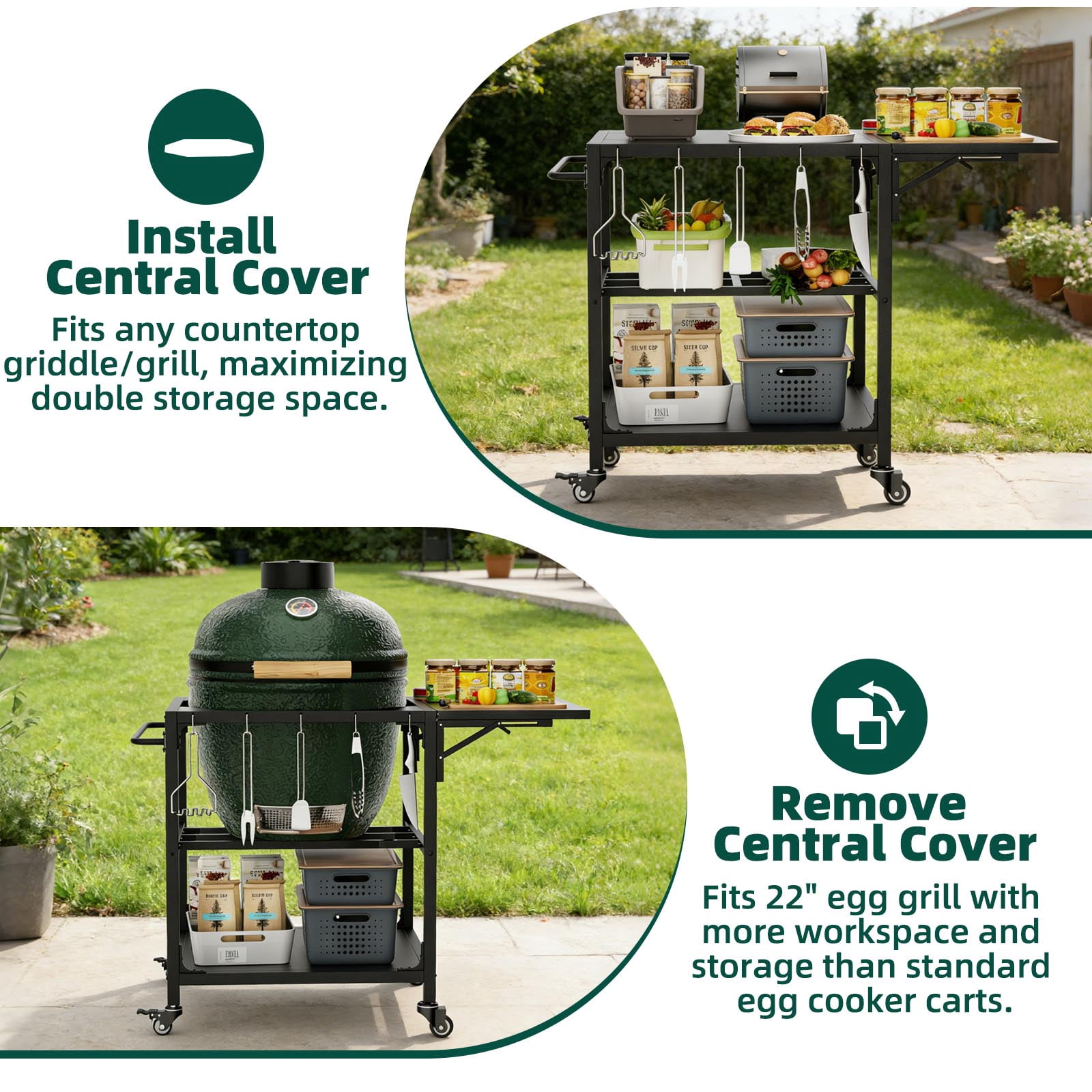 Outdoor Grill Table Compatible with Large Big Green Egg, Heavy Duty Metal Kamado Cart with Wheels, Storage Shelf, Hooks and Removable Central Cover for 21-26 Inch Kamado Style Grill