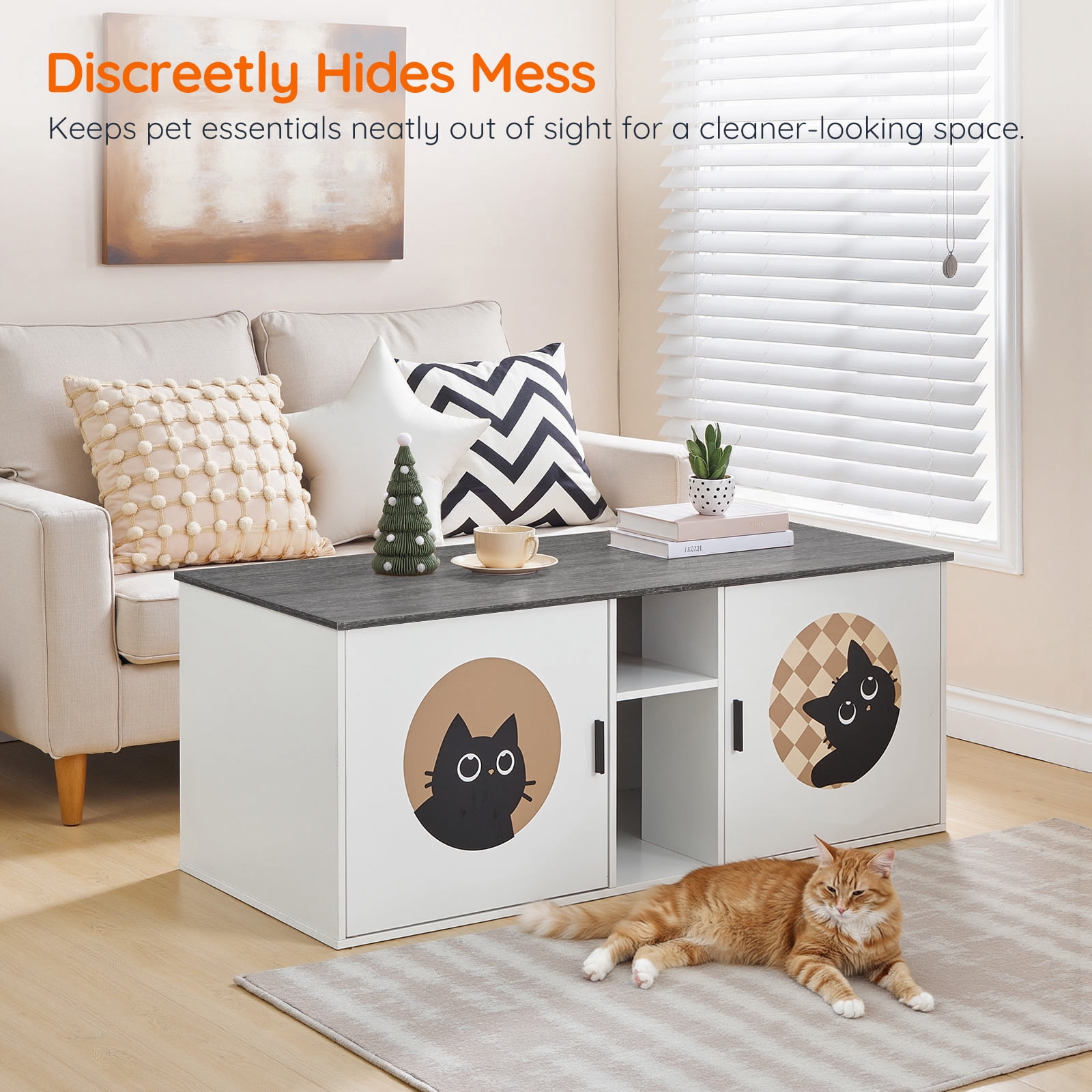 HOOBRO Double Cat Litter Box Enclosure with Middle Storage Shelf, Dual Hidden Litter Box Furniture, Unique Patterned Litter Box Cabinet, White and Charcoal Gray BW25MW01