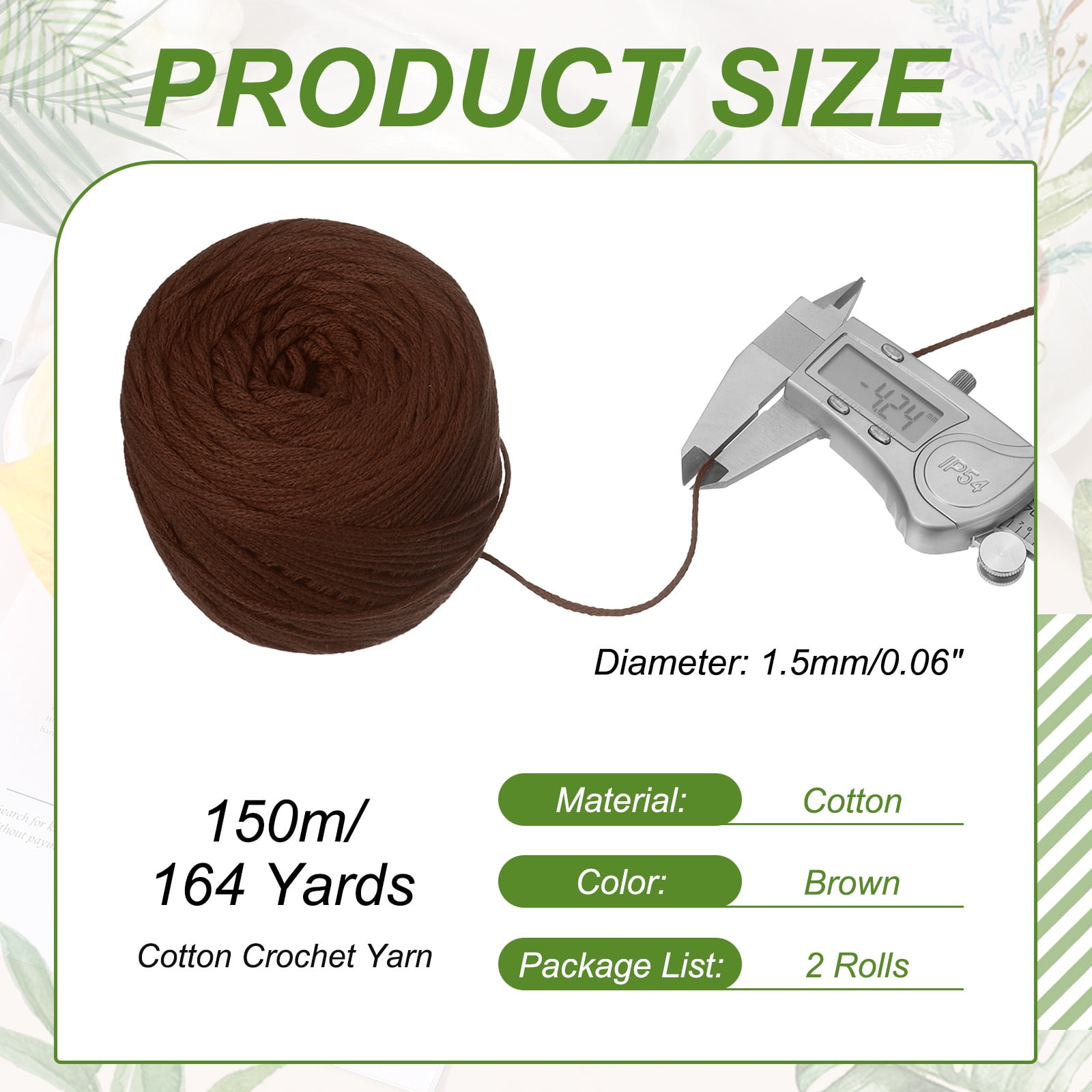 Uxcell 2 Roll Cotton Crochet Yarn, 1.5mm x 164 Yards Macrame Cord Braided Cotton Rope Twine String for Crochet Bag Knitting Crafts Wall Plant Hanging Gift Wrapping, Brown