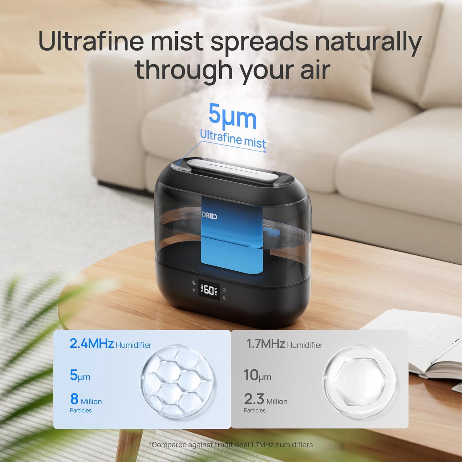 Humidifier for Bedroom, Top Fill 4L Large Room with 28dB Quiet, 36H Runtime, Touch/APP/Voice Control, Cool Mist for Plants