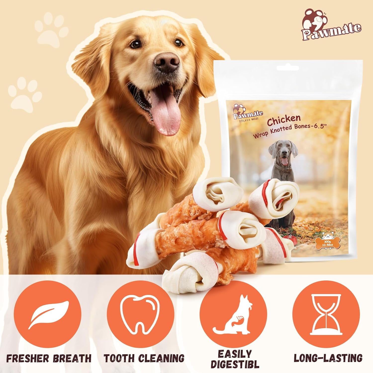 (2 pack) Pawmate Rawhide Dog Bone, Chicken Wrapped 6.5" Knotted Bones, Long-Lasting Chews for Large Dogs, 4 Count