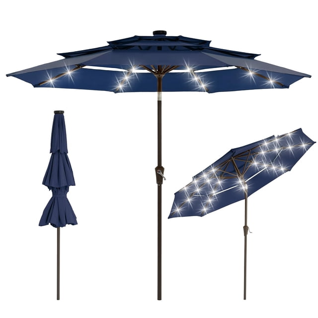 Parasol de Patio à 3 Niveaux de 10 Pi à DEL Solaires, Parasol de Marché Extérieur Ventilé avec Manivelle et Inclinaison Réglable, 8 Nervures Robustes Protection UV Auvent d'Ombre pour Terrasse Piscine Cour Arrière Jardin