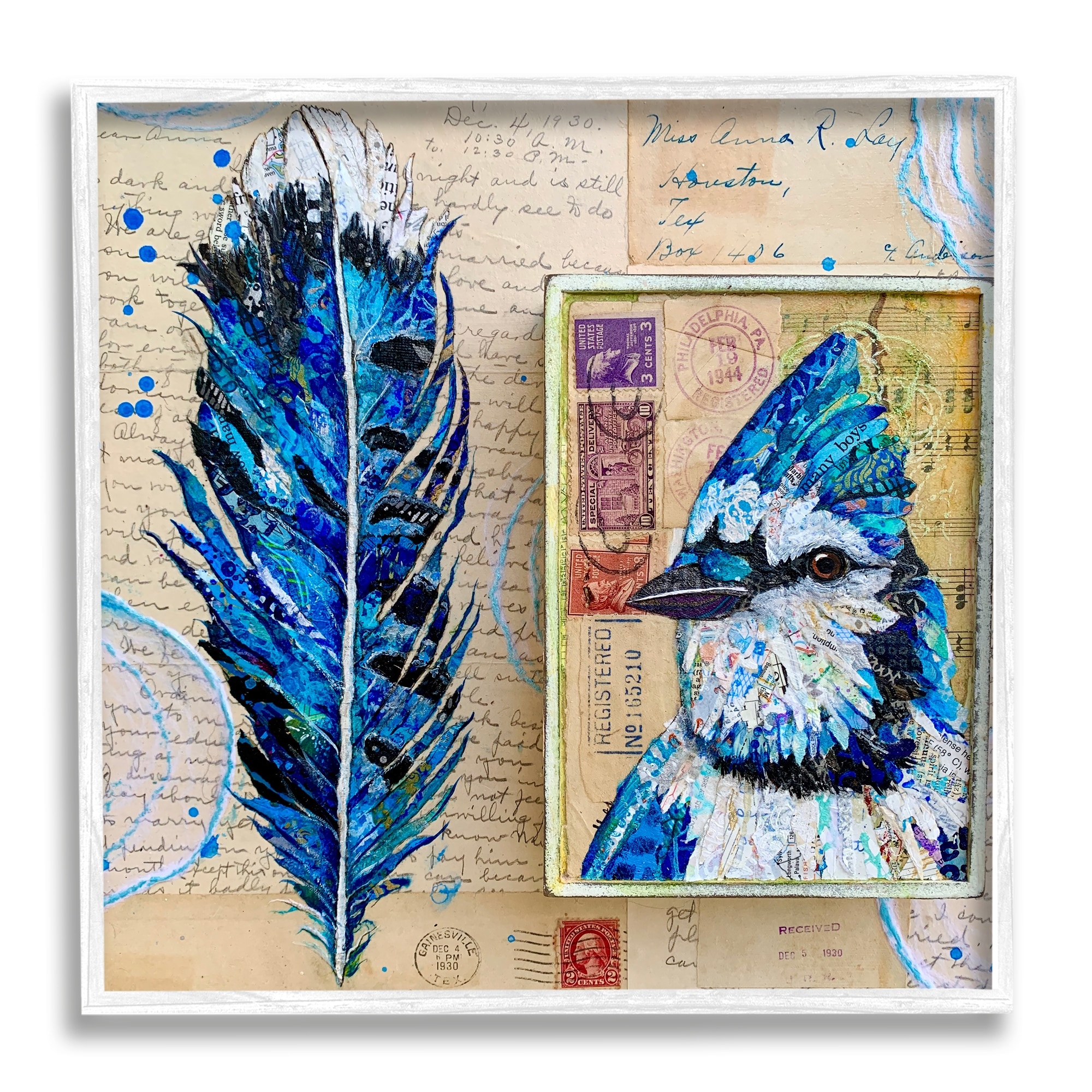 Stupell Industries Blue Jay Collaged Ephemera Feather Bird Painting Painting White Framed Art Print Wall Art, Design by Lisa Morales