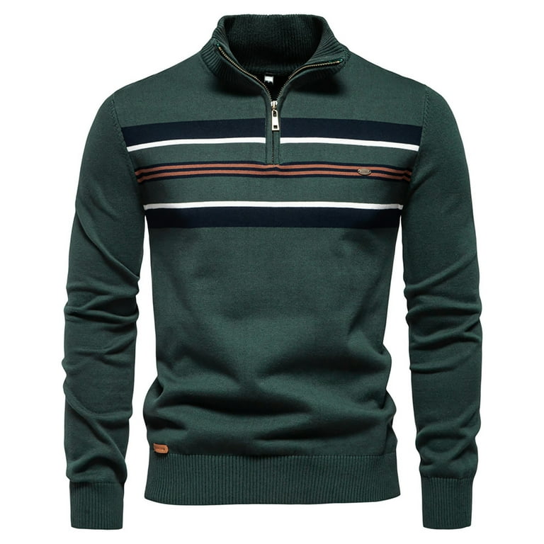 Men's Quarter Zip Up Sweater Striped Pullover Mock Neck