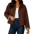 thumbnail image 5 of JUUNthy Women's Cropped Trench Jacket, Button Front Plaid Lined Lapel Collar Casual Fashion Outer Coat Navy Blue M, 5 of 14