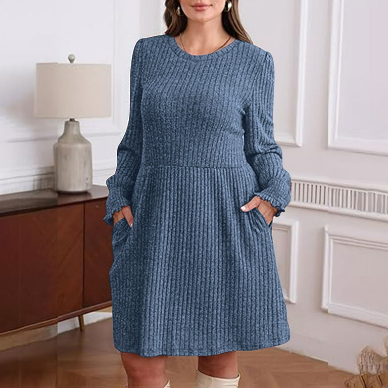 a line sweater dresses for women Women Ribbed Knit Short Dresses Long Sleeve Crew Neck Swing A Line Tunic Sweater  Dress Fall Winter Casual Dress with Pocket
