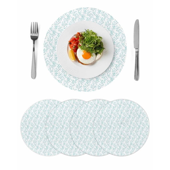 Aqua Spring Floral Round Placemats Set of 4 for Dinning Tables,Heat-proof Braided Table Mats 15 Inch,Summer Botanical Watercolor Washable Place Mat for Kitchen Restaurant Party Decor Table Setting