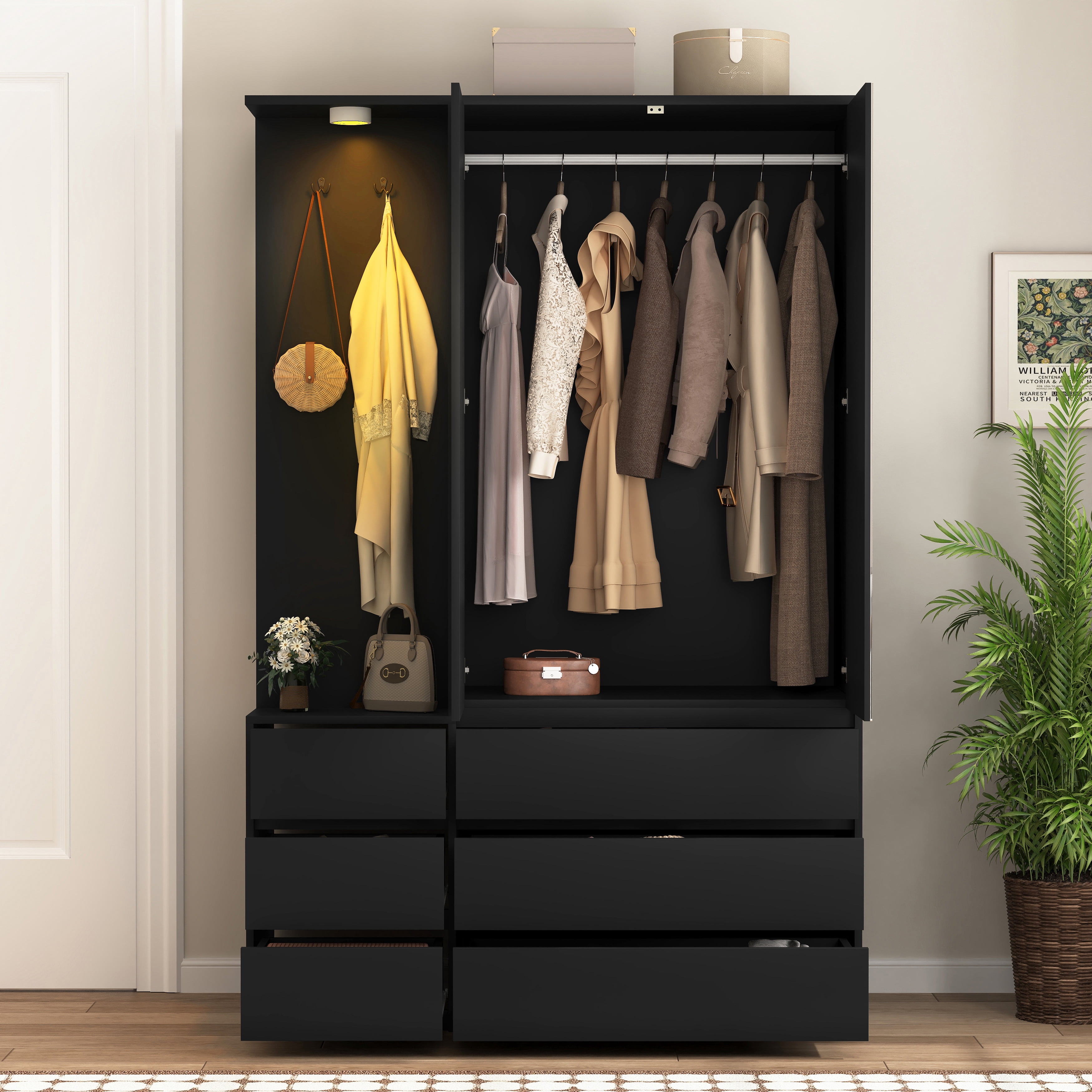 Mintazer Freestanding Wardrobe Armoire with Mirror Door, Open Coat Nook & 6 Drawers, 71" Tall Clothing Storage Cabinet with Hanging Rod & Light for Bedroom, Black