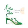 thumbnail image 3 of BLISSFUL STEP Square Toe Strappy Lace Up Block Heel Sandals for Women Light Green 7, 3 of 6
