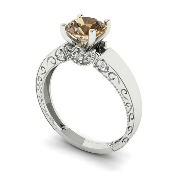 1.06 ct Round Cut Simulated Champagne Diamond Solitaire with Accents Engagement Ring for Women in 18K White Gold