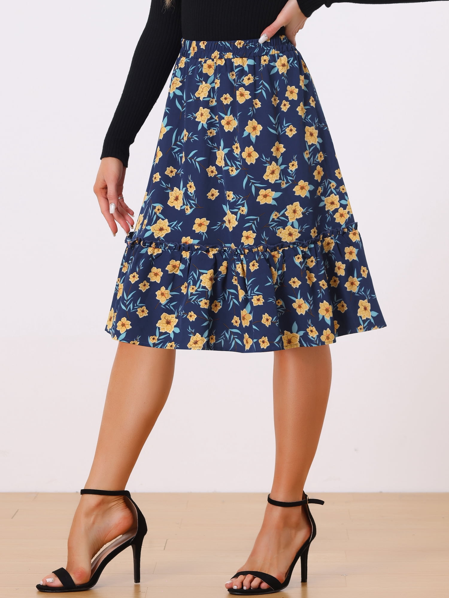 DARING DIVA Women's Flowy Ruffle Hem Tiered Floral Midi Skirt M Dark Blue