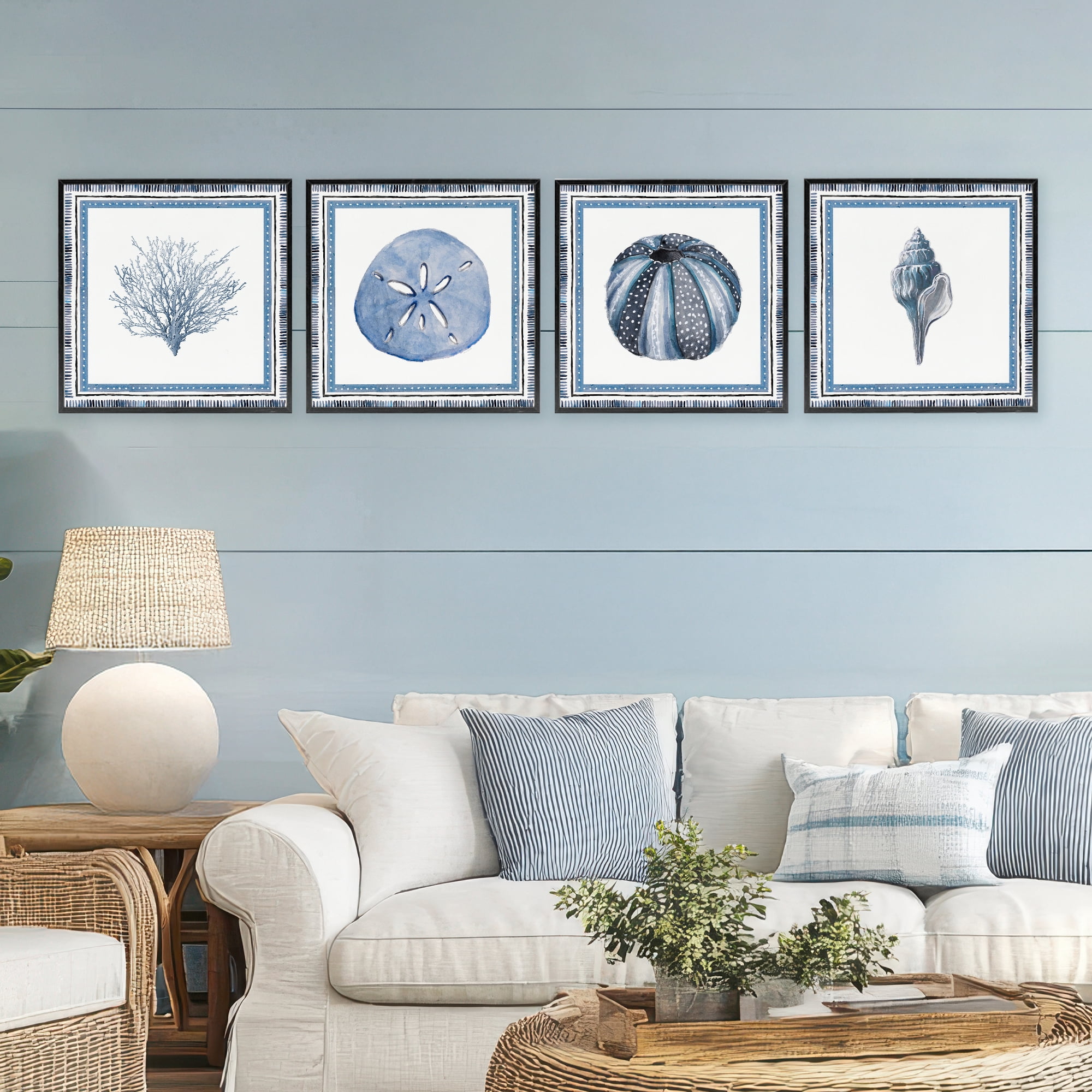 Stupell Industries Coastal Teal Bordered Coral 4 Piece Black Framed Giclee Art Set, design by Lanie Loreth