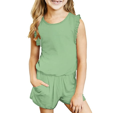 

Virmaxy 3T-14T Toddler Baby Girl s Set Colourful Sleeveless Milk Silk One Side T Shirt Shorts Comfort Set Green-A 3T