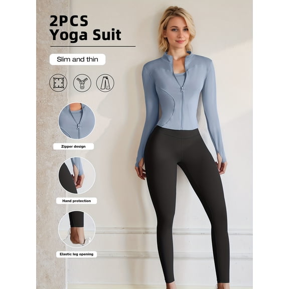 PISONIC Women's Long-Sleeve Sports Jacket and Pant Set for Gym Running, Tight-Fitting Butt-Lifting Pants for Cycling And Climbing Workout Attire