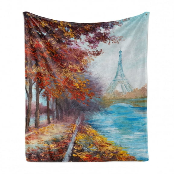Art Soft Flannel Fleece Blanket, Eiffel Tower View from Seine River in Autumn Romantic Paris Day in Fall Cityscape Print, Cozy Plush for Indoor and Outdoor Use, 70" x 90", Multicolor, by Ambesonne