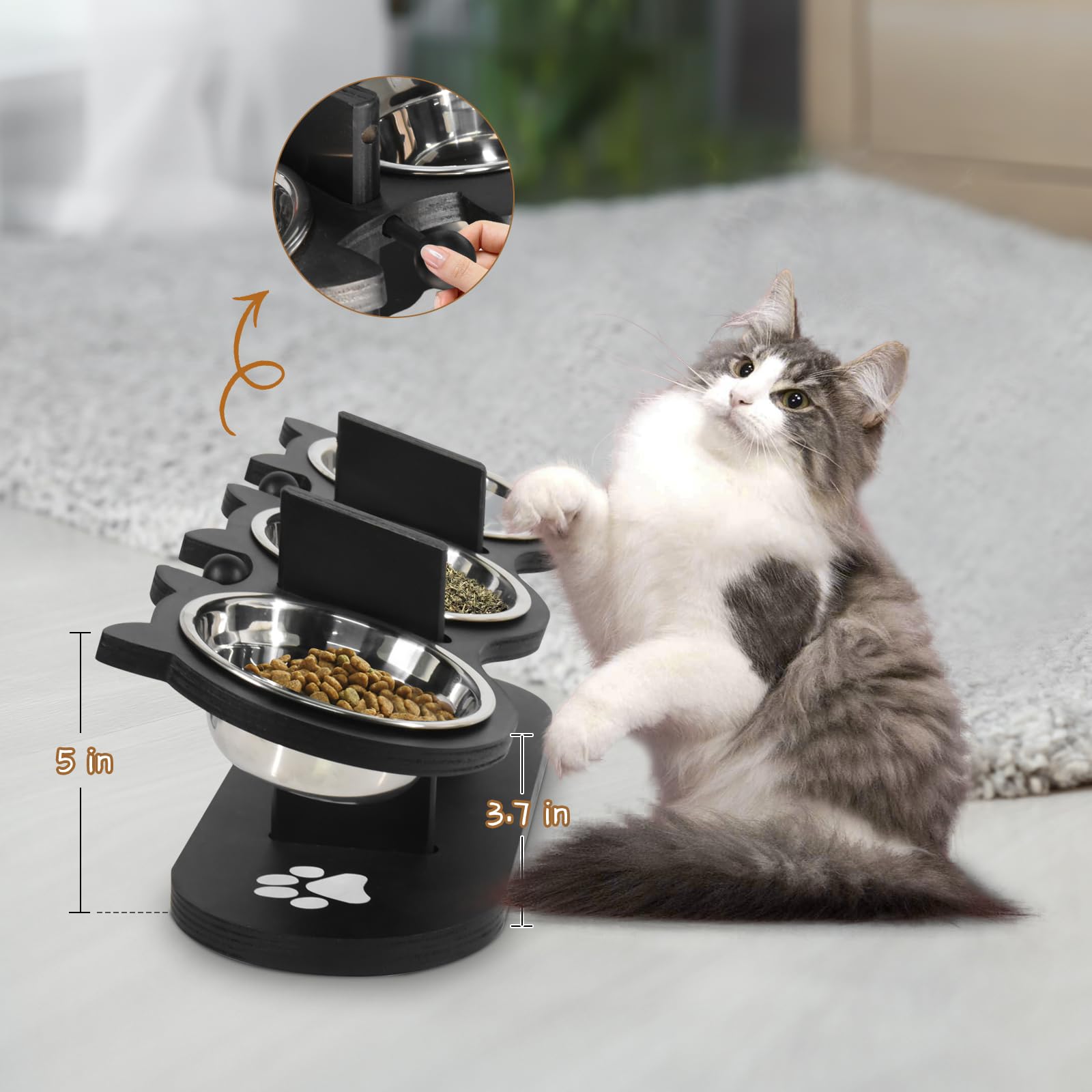 Adjustable Elevated Cat Bowls - 3 Stainless Steel 17° Tilted Pet Bowls with Black Stand for Indoor Cats/Small Dogs-Black