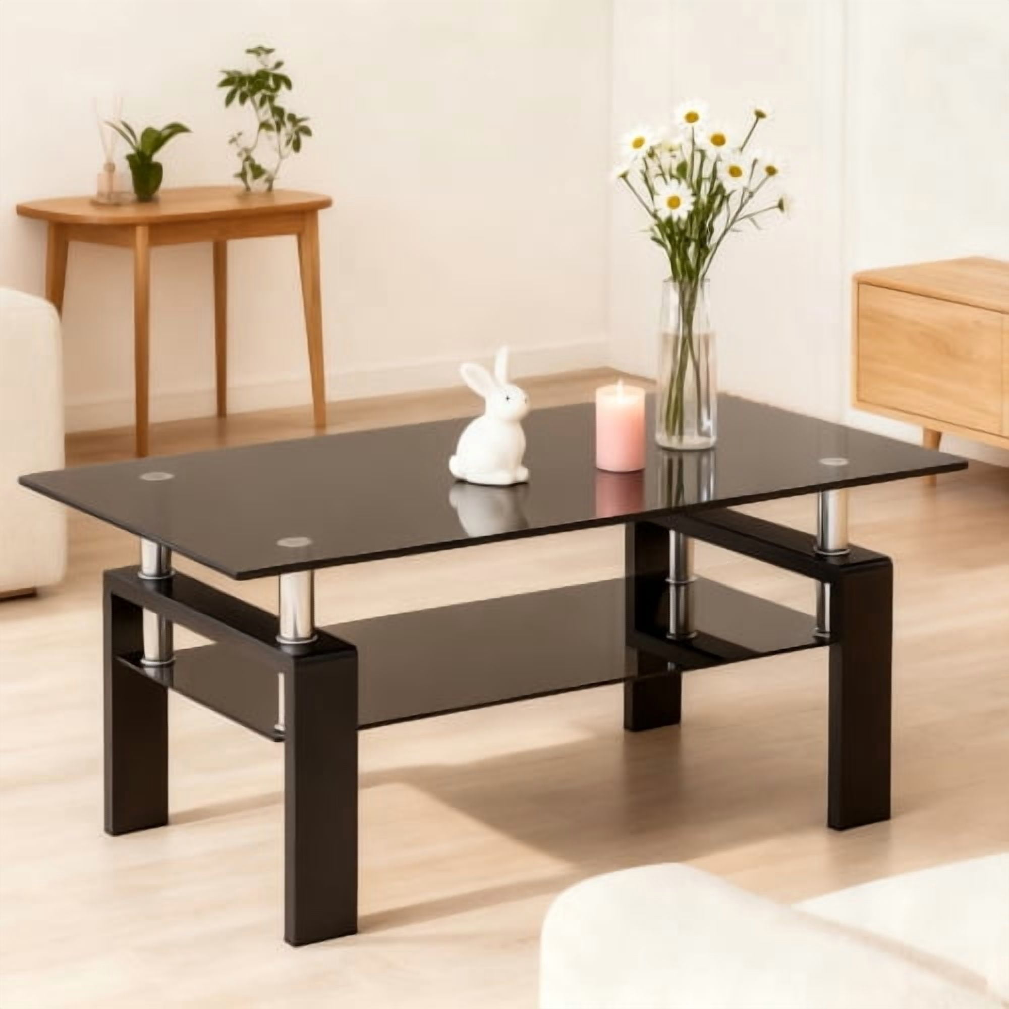 Rectangle Black Glass Coffee Table, Clear Coffee Table,Modern Side Center Tables for Living Room,Living Room Furniture