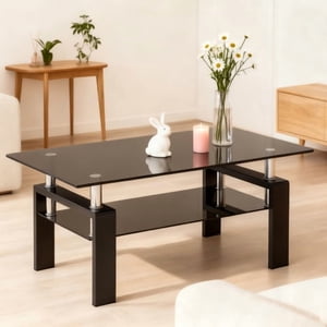 Rectangle Black Glass Coffee Table, Clear Coffee Table,Modern Side Center Tables for Living Room,Living Room Furniture