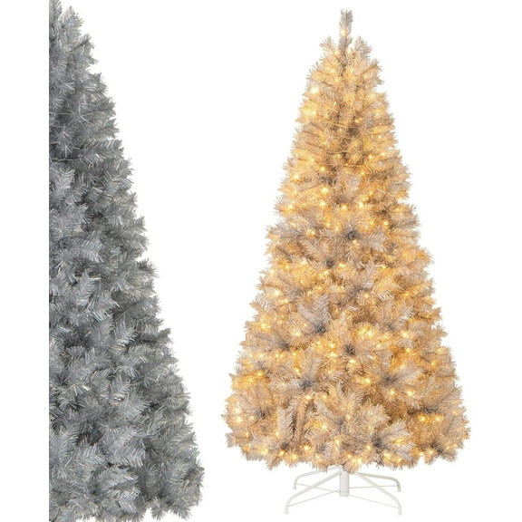 DORTALA 7 FT Pre-Lit Christmas Tree, Silver Tinsel Artificial Xmas Tree with 400 Warm White LED Lights, 807 Branch Tips, Metal Stand, for Home Office Party