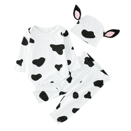 

2022 New Baby Girls Boys Clothing Set Baby Boys Girls Clothes Set Pumpkin Party Puppy Cow Pattern Romper Tops Pants With Hat 3Pcs Outfits