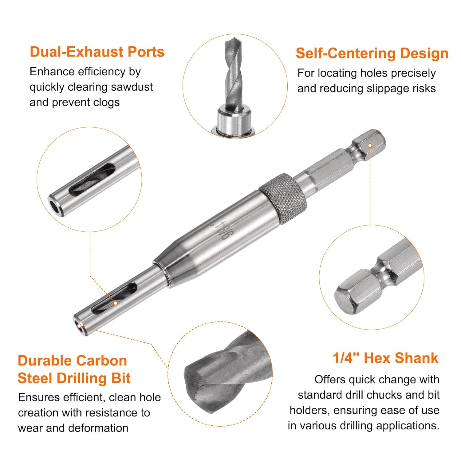 FRKSMD-2pcs Self Centering Drill Bit Set 9/64", 1/4" Hex Shank Drilling Bits for Wood Working, Cabinet Door Hinge Hole Punch Tool Self Center with Hex Keys L-Shaped, Silver
