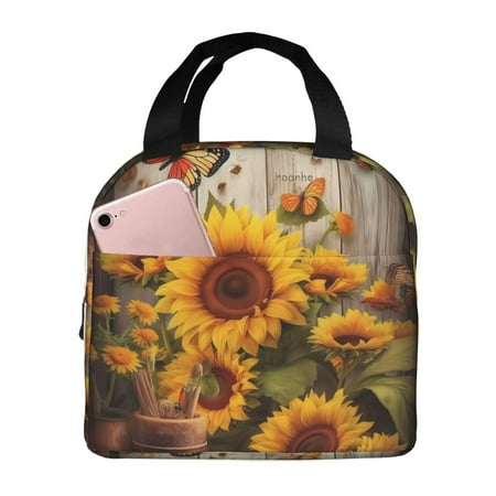 Insulated Lunch Bag for Women Men - Yellow Sunflower Butterfly Leakproof Cooler Lunch Box for Women Men  Lunch Tote Bags for Work School Picnic Travel