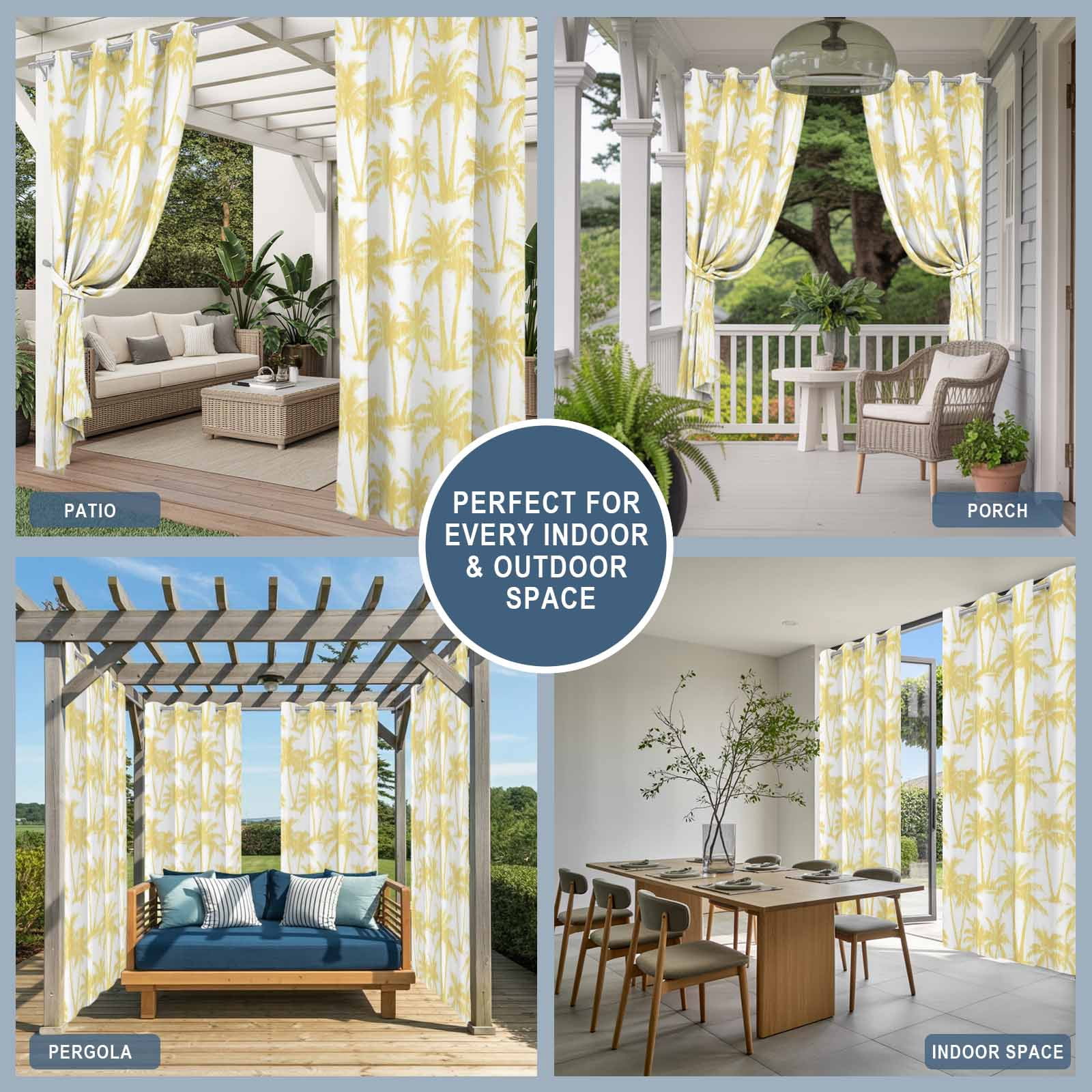 Summer Beach Palm Outdoor Curtains for Patio, Tropical Country Coastal Seaside Yellow Tree Silhouettes Sunshade Privacy Drapes Grommet Waterproof Outside Curtains for Porch Balcony 54"x108", 1 Panel