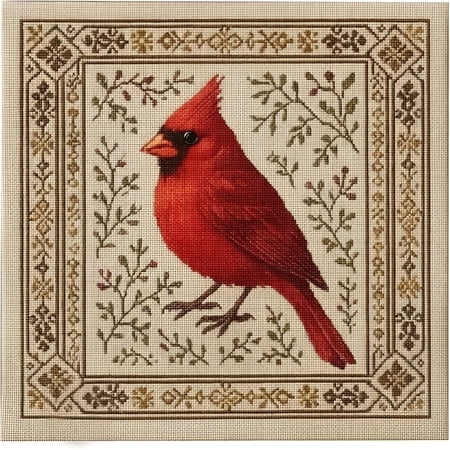TUWAFE Bird-Themed Cross Stitch Kit with Floral Pattern - Cardinal Hummingbird Bluebird - Complete DIY Embroidery Art Set for Beginners and Experienced Crafters (Red Cardinal)