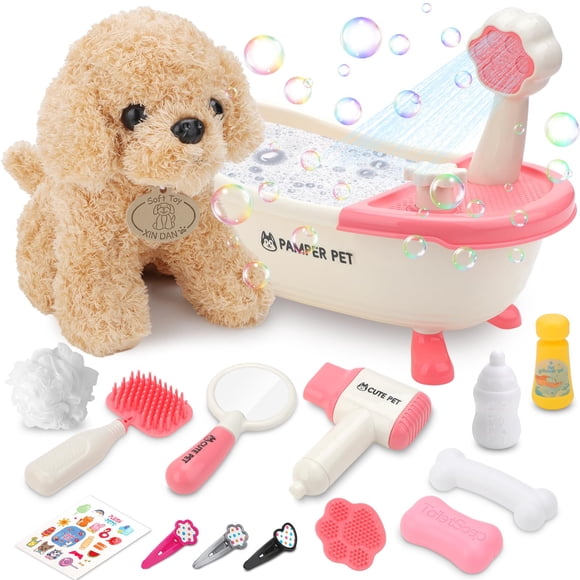 Juego de juguetes de baño para perros DeAo, 15 piezas con bañera rociadora de agua real