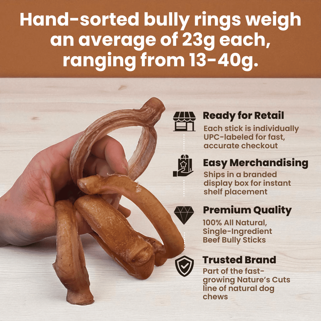 4" Bully Rings Display Box (25 ct) with Individual UPC Tags - 100% All Natural Beef Bully Sticks