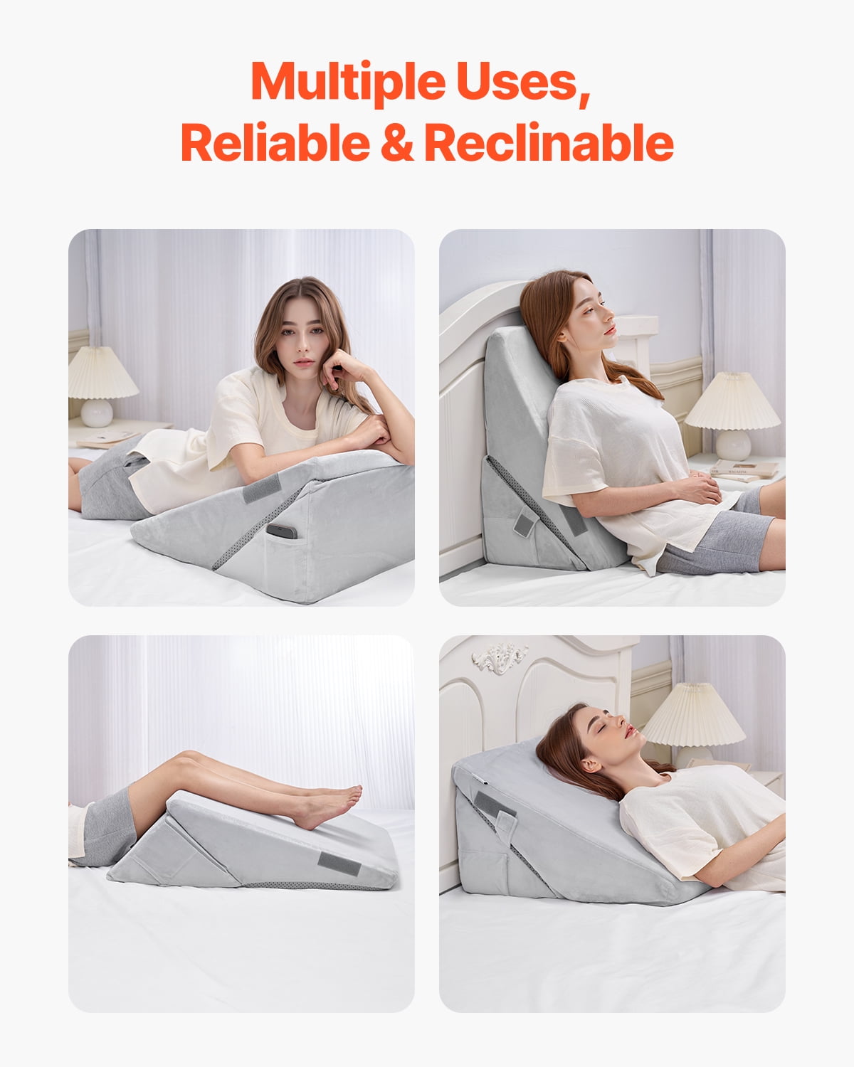 VEVOR Bed Wedge Pillow for Sleeping, Adjustable Orthopedic Bed Wedge, 25D High-Density Foam Filling & Soft Washable Cover, Post Surgery Pillow for Acid Reflux, Back Pain, Snoring Relief, Light Grey